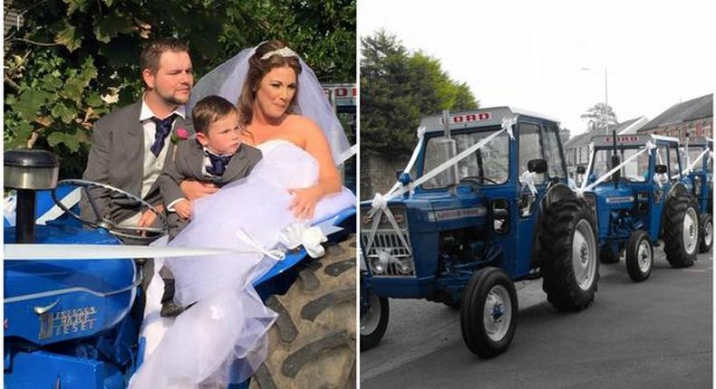 27-yr-old Claire Davies had driven in a borrowed tractor to wed her farmer husband, Huw Davies