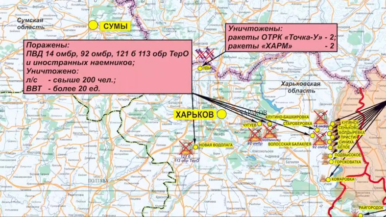 Sytuacja pod Charkowem (w centrum z nazwą na żółtym tle). Mapa rosyjskiego MON z 11 września 2022 r.