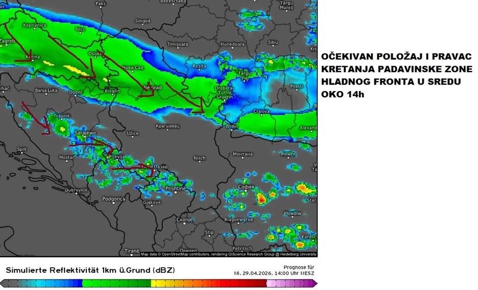 Padavinska zona i hladni front u sredu oko 14 sati