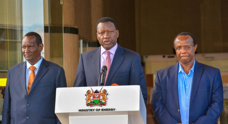 Energy CS Davis Chirchir and Chairperson of Ruto's Council of Economic Advisors David Ndii during a press briefing on March 13, 2023