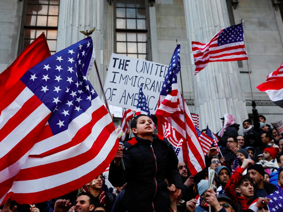 Demonstrators participate in a protest by the Yemeni community against U.S. President Donald Trump's travel ban in the Brooklyn borough of New York, U.S., February 2, 2017.