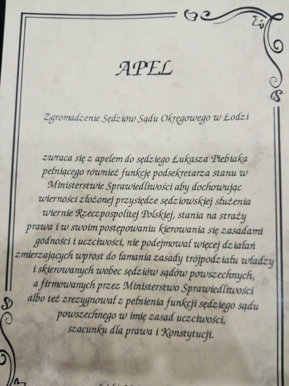 Apel łódzkich sędziów do wiceministra Piebiaka