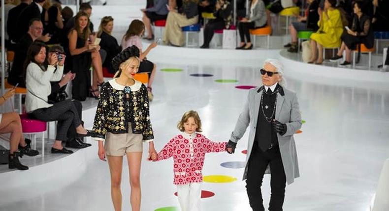 Chanel Creative Director; Karl Lagerfeld takes a bow at the Chanel Cruise 2015/2016