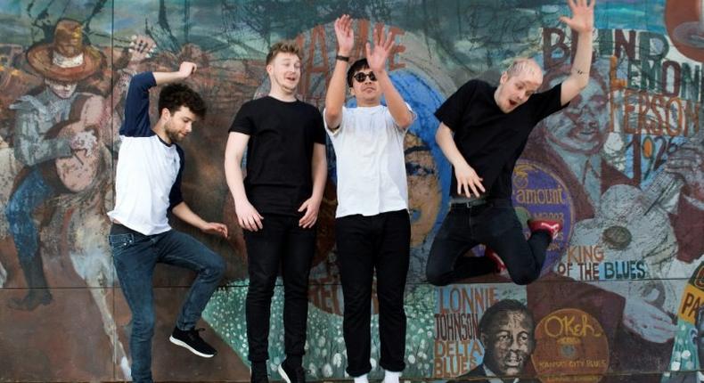 Musicians Wannes Salome, Koen Van de Wardt, Jun C. Villanueva and Jobo Engh of the Dutch band Klangstof pose in Hollywood, California, days before they kick off the Coachella music festival