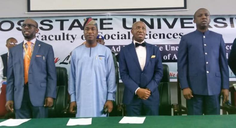 The LASU  V-C, Prof Olanrewaju Fagbohun, Lagos Deputy Governor and Speaker of the Day, Dr. Obafemi Hamzat, Chairman of the occasion, Chief Wole Olanipekun, SAN, and the Special Adviser on Education, Mr Tokunbo Wahab [NAN]