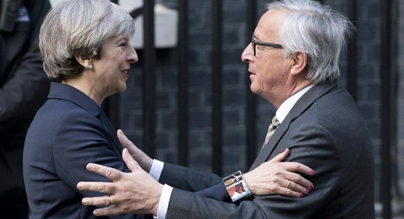 European Commission President Jean-Claude Juncker held talks with British Prime Minister Theresa May at No. 10 Downing Street in April 2017