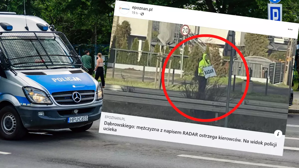 Na jednej z poznańskich ulic stoi osoba z napisem "RADAR" (facebook.com/epoznan)