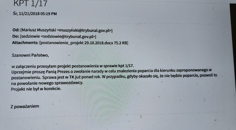 Screen e-maila, jaki otrzymali sędziowie TK