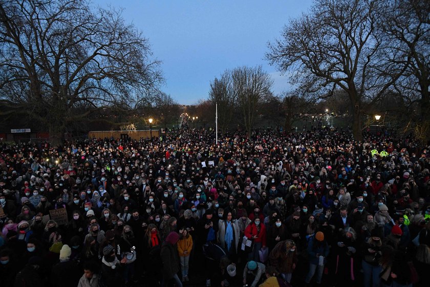 Memorial site at the Clapham Common Bandstand, following the kidnap and murder of Sarah Everard in L