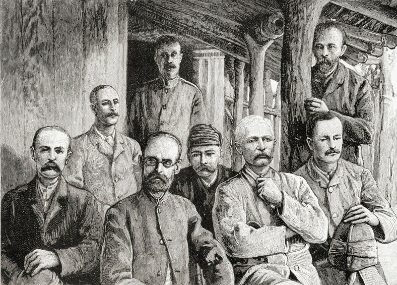 Od lewej do prawej, Stanley, Emin, Casati i oficerowie ze stacji misyjnej Mackaya w Usambiro, podczas ekspedycji ratunkowej Stanleya dla Emina Paszy, w Afryce w 1889 r.