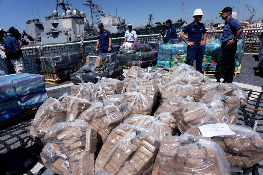 Bales of cocaine seized by US and Canadian personnel offloaded from the Coast Guard cutter Boutwell. The 28,000 pounds of cocaine had an estimated wholesale value of $424 million.