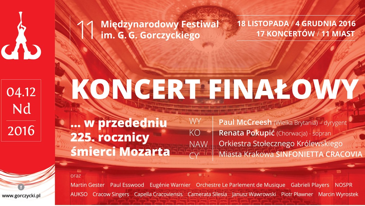 Niezwykle efektownie zapowiada się finał 11. Międzynarodowego Festiwalu im. G. G. Gorczyckiego, na którym to w przededniu 225. rocznicy Wolfganga Amadeusza Mozarta, w specjalnie dobranym na tę okazję repertuarze, maestro Paul McCreesh poprowadzi jedną z najlepszych europejskich orkiestr kameralnych - Sinfoniettę Cracovię.