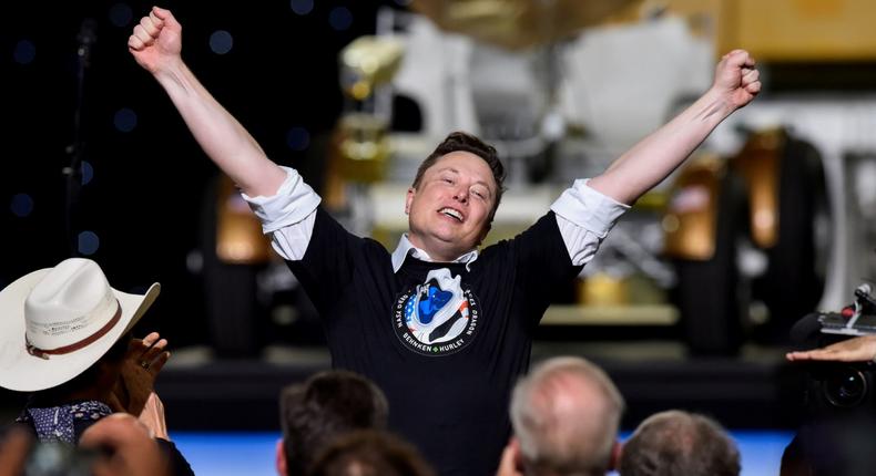 Elon Musk celebrates after the launch of a SpaceX Falcon 9 rocket and Crew Dragon spacecraft on NASA's SpaceX Demo-2 mission to the International Space Station from NASA's Kennedy Space Center on May 30, 2020.