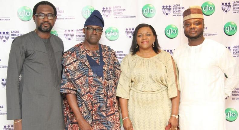 L-R: Coordinator, Enterprise Sales, Globacom, Mr. Folu Aderibigbe; out-going President, Lagos Business School Alumni Association, Mr. Wole Oshin; in-coming President, Mrs. Bola Adesola, and Globacom’s Head, Corporate Sales, Kamaldeen Shonibare, at the Glo –sponsored LBS Alumni Association President’s Dinner at the Eko Hotels & Suites, Lagos, over the weekend.