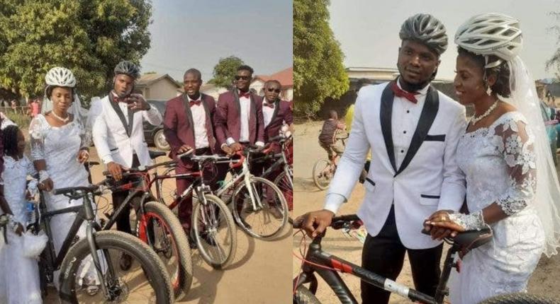 Female cyclist’s beautiful wedding full of bicycles; no car