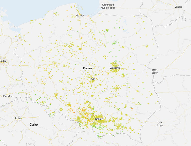 Mapa jakości powietrza w Polsce ok. godz. 11:00 20.03.2024r.