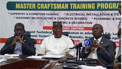 Permanent Secretary, Office of Works, Lagos State Ministry of Works and Infrastructure, Mr Adebayo Odusaya; Permanent Secretary Ministry of Housing, Mr.Kamar Olowoshago and Permanent Secretary, Ministry of Information, Mr Olumide Sogunle during a press briefing organised by Ministry of Housing to mark the commencement of the state’s Master Craftsman Training Programme for artisans on Wednesday in Alausa
