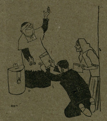 "Bezbożnik Wojujący". Antyreligijna karykatura, 1933 r.