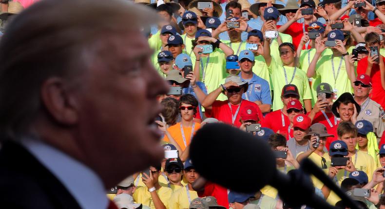 President Donald Trump delivers remarks at the 2017 National Scout Jamboree in Summit Bechtel National Scout Reserve, West Virginia, U.S., July 24, 2017.