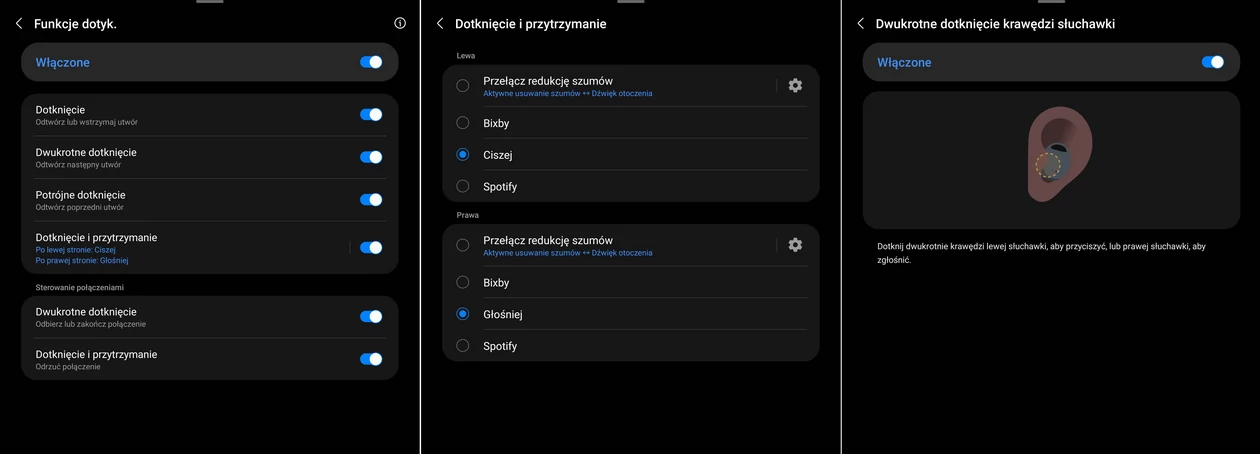 Ekrany aplikacji sterującej Galaxy Buds 2 Pro związane z konfiguracją działania paneli sterujących (kliknij, aby powiększyć)