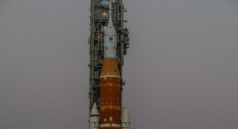 NASA's Space Launch System (SLS) rocket, with the Orion capsule atop, slowly makes its way down the crawlerway at the agency's Kennedy Space Center in Florida, on March 17, 2022.