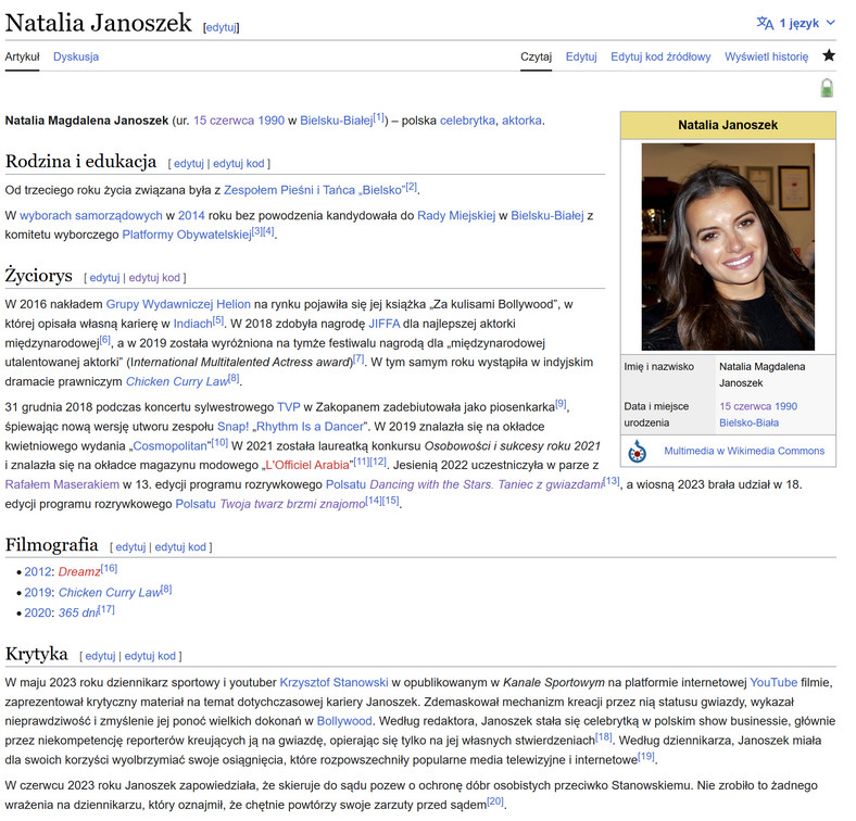 Hasło o Natalii Janoszek na Wikipedii