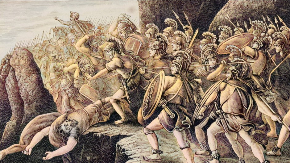 Bitwa pod Termopilami na rysunku XIX-wiecznego artysty (wikipedia).