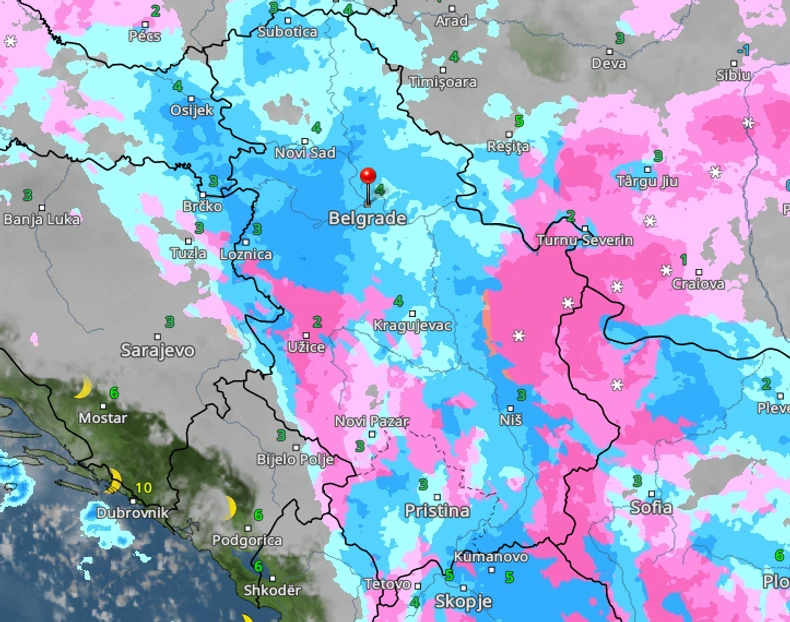 Kretanje kiše i snega sutra u 23 časa