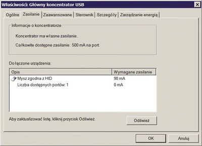 Menedżer urządzeń pozwala ustalić, ile prądu zużywa urządzenie USB. Mysz USB potrzebuje tylko około 100 mA - o wiele mniej niż wynosi maksymalne zużycie 500 mA