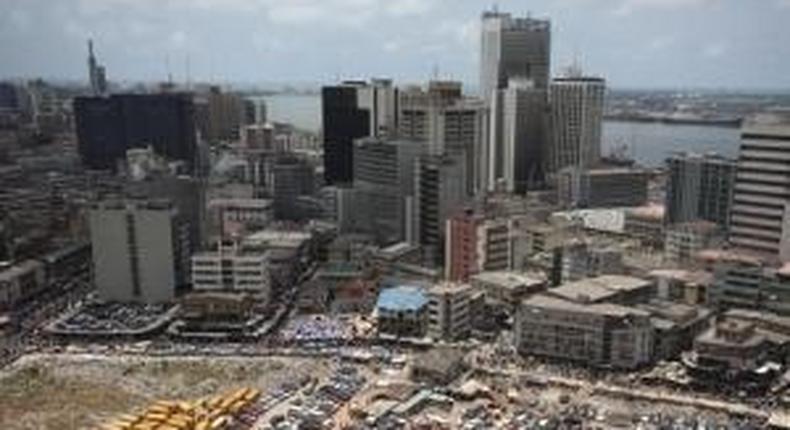 An aerial view shows the central business district in Nigeria's commercial capital of Lagos