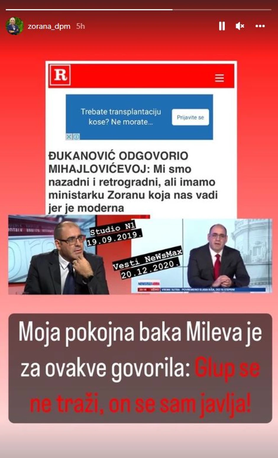Objava Zorane Mihajlović na Instagramu