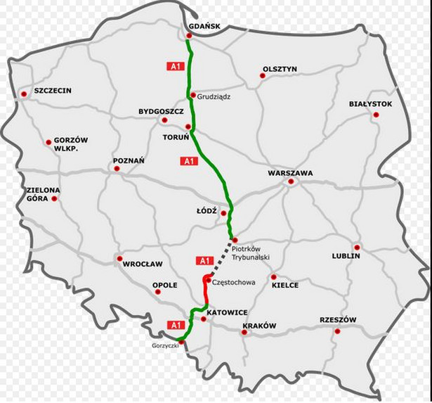 Autostrada A1. Na zielono: odcinki istniejące. Na czerwono: odcinki w budowie. Autor mapy: rzyjontko (talk) - road plan based on GDDKiA website (Polish Motorways Authority)sections under construction based on SkyskraperCity stats, CC BY 3.0