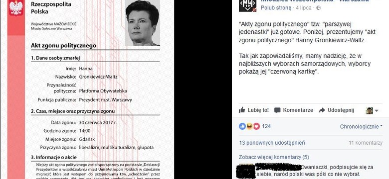 Młodzież Wszechpolska wystawia "akty zgonu" prezydentom miast i zapowiada protesty