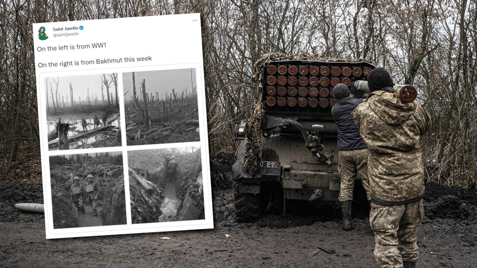 Zestawienie zdjęć z ukraińskiego frontu i z czasów I wojny światowej. W tle fotografia ukraińskich żołnierzy w pobliżu Bachmutu (zdjęcie ilustracyjne)