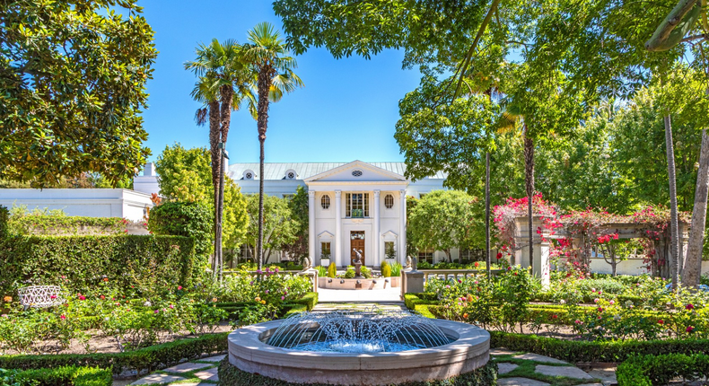 Located in Bel-Air, the estate (called Casa Encantada or House of Enchantment) is nearly 40,000 square feet. According to Los Angeles Magazine, the land was initially bought in 1934 for $100,000 by Hilda Boldt Weber, the widow of a glass manufacturer. Weber then commissioned architect James Dolena to build her the massive estate.