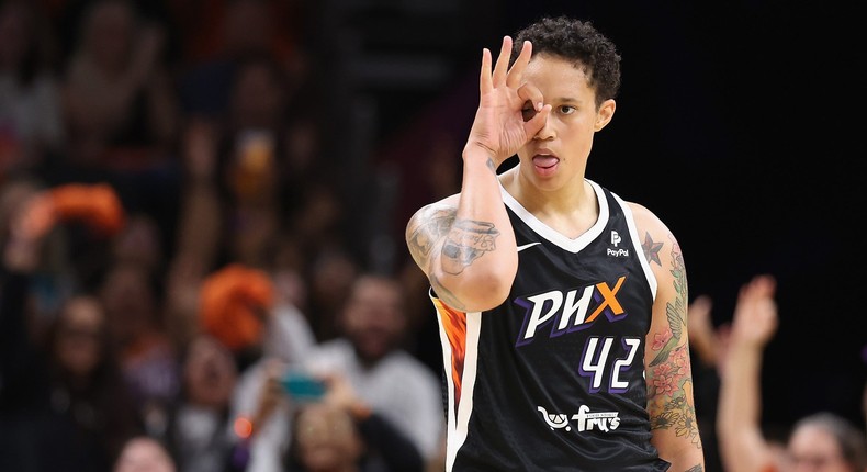 Brittney Griner celebrates after draining a three in her 2023 WNBA home debut.Christian Petersen/Getty Images