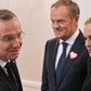 Prezydent Andrzej Duda, szef Platformy Obywatelskiej Donald Tusk i przewodnicząca Inicjatywy Polskiej Barbara Nowacka podczas spotkania w Pałacu Prezydenckim