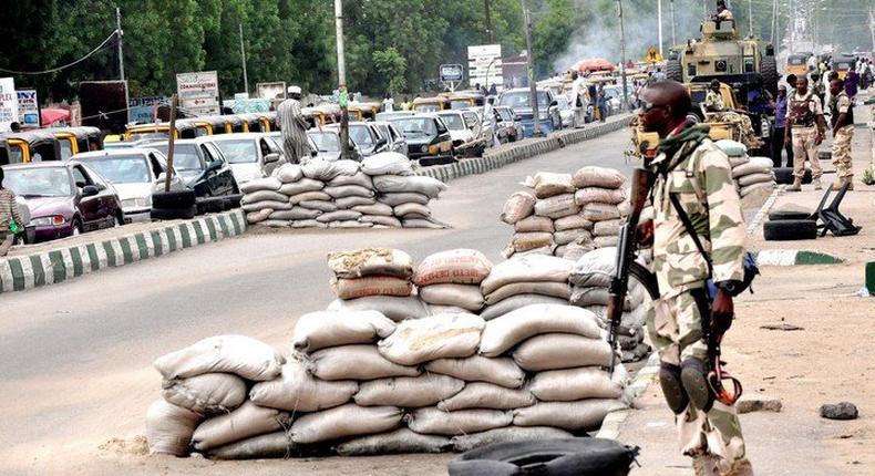 Soldiers at check point in Maiduguri.