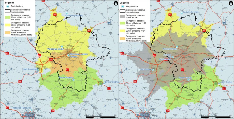 Analiza lokalizacyjna lotnisk w Modlinie i Radomiu bez uwzględnienia CPK (po lewej) i po jego otwarciu (po prawej)