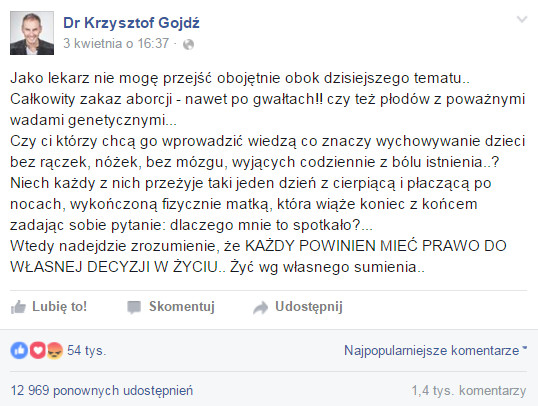Wpis Krzysztofa Gojdzia na Facebooku