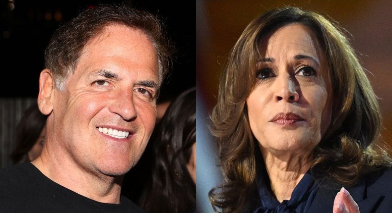 Billionaire investor Mark Cuban said Vice President Kamala Harris is the only presidential candidate on Founder Mode on Thursday.Rick Kern via Getty Images; Saul Loeb/AFP via Getty Images