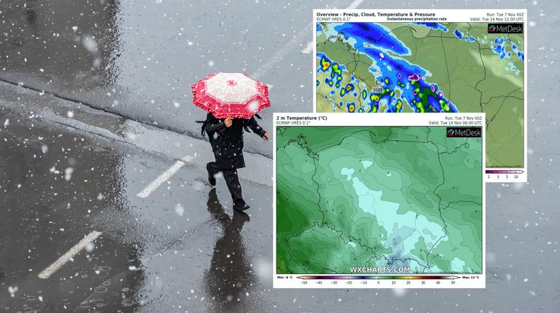 Do Polski nadciąga silne ochłodzenie i opady deszczu ze śniegiem (mapy: wxcharts.com)