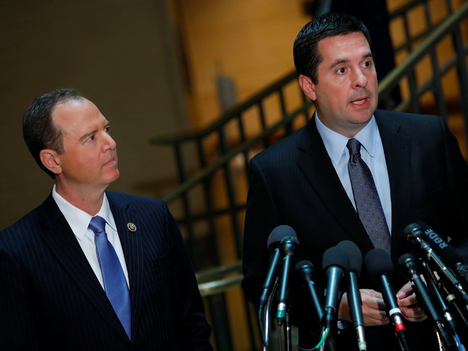 House Select Committee on Intelligence Chairman Rep. Devin Nunes (R-CA) and Ranking Member Rep. Adam Schiff (D-CA) speak with the media about the ongoing Russia investigation on Capitol Hill in Washington, D.C., U.S. March 15, 2017.