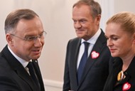 Prezydent Andrzej Duda, szef Platformy Obywatelskiej Donald Tusk i przewodnicząca Inicjatywy Polskiej Barbara Nowacka podczas spotkania w Pałacu Prezydenckim