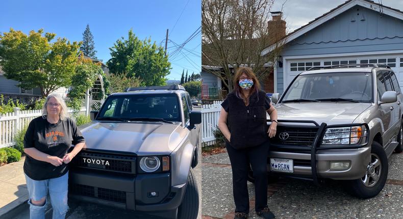 Julie stands beside the 2024 Toyota Land Cruiser (left) and beside her old Land Cruiser (right)Alistair Barr/Business Insider
