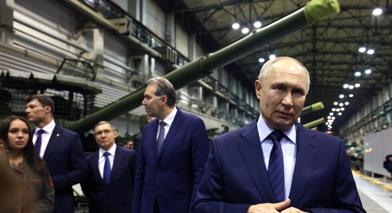 Russia's President Vladimir Putin visits Uralvagonzavod, the country's main tank factory, in February 2024.Getty/ALEXANDER KAZAKOV