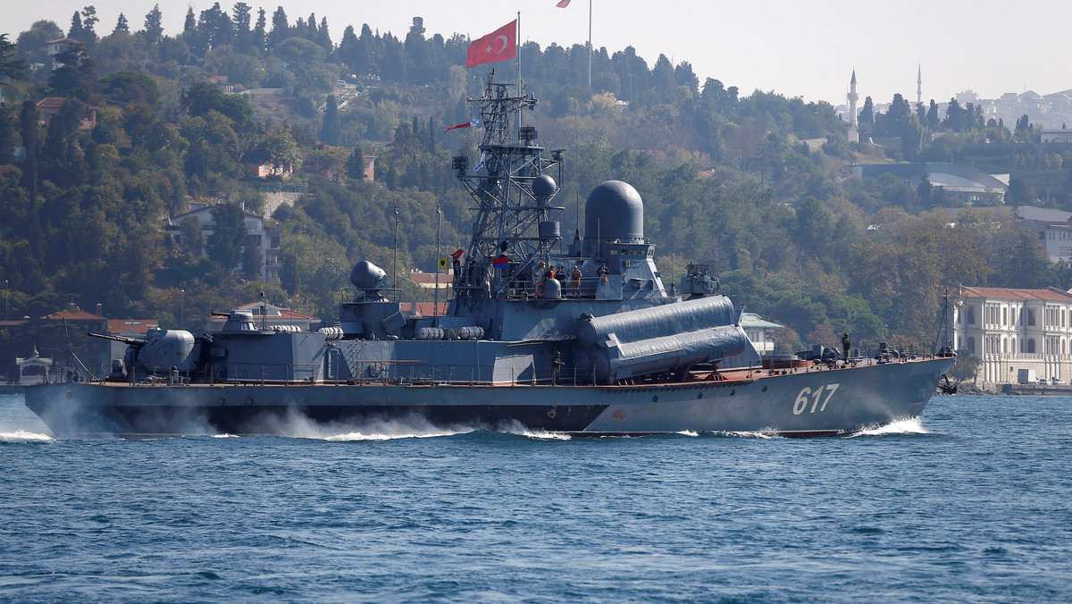 The Russian Navy's missile corvette Mirazh sails in the Bosphorus, on its way to the Mediterranean Sea, in Istanbul