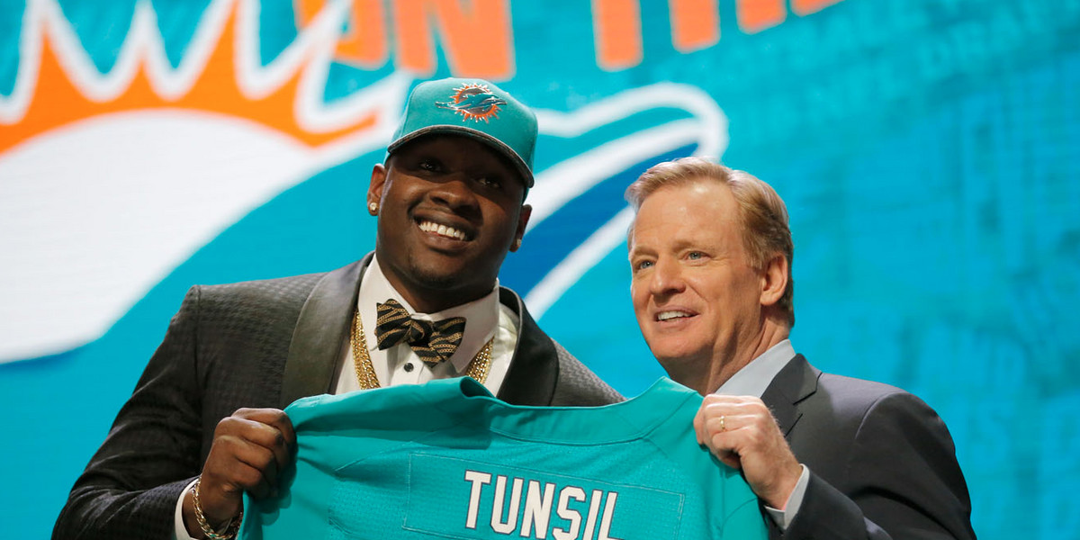 Laremy Tunsil — the NFL prospect who was hacked on social media during the draft — wasn't at his introductory press conference with the Dolphins because he had an allergic reaction