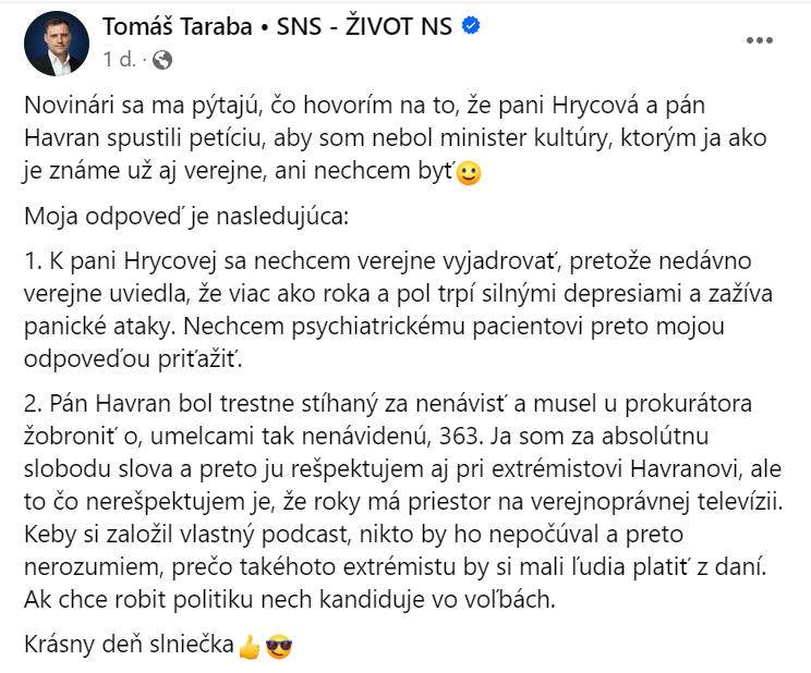 Taraba zverejnil svoje reakcie na internete.