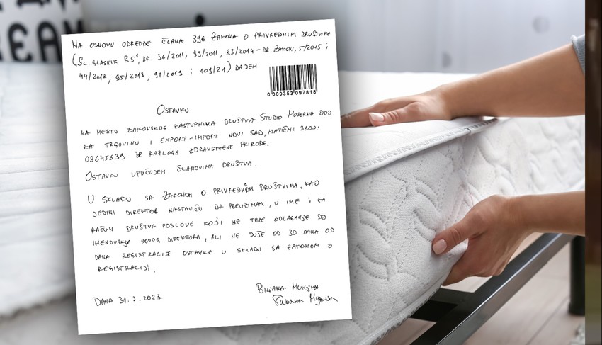 Direktorka filijale "Dormeo" u Srbiji dala ostavku putem pisma pisanog rukom 